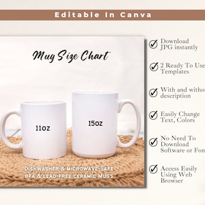 Boho Mug Size Chart in Oz , Coffee Mug Mockup, 11oz and 15oz White Mug, Done For You, Download as JPG, Editable Template, Etsy Shop, Website