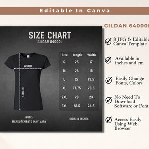 Gildan 64000L Size Chart, Women T-Shirt Size Guide, Black White Tshirt Feminine Style Mockup Bundle, Etsy shop listing, JPG, Edit in Canva