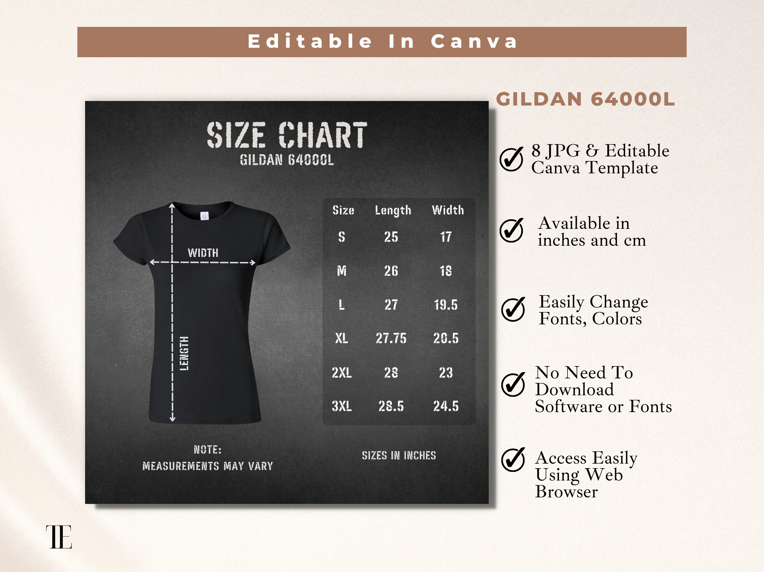 Gildan 64000L Size Chart, Women T-Shirt Size Guide, Black White Tshirt Feminine Style Mockup Bundle, Etsy shop listing, JPG, Edit in Canva