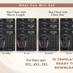 May include: Twelve printable size charts for Bella Canvas 3001 t-shirts. The charts are in inches and centimeters and include measurements for sleeve length and chest size. The charts are for sizes 3XL, 4XL, and 5XL.