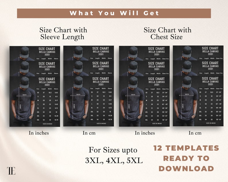 May include: Twelve printable size charts for Bella Canvas 3001 t-shirts. The charts are in inches and centimeters and include measurements for sleeve length and chest size. The charts are for sizes 3XL, 4XL, and 5XL.