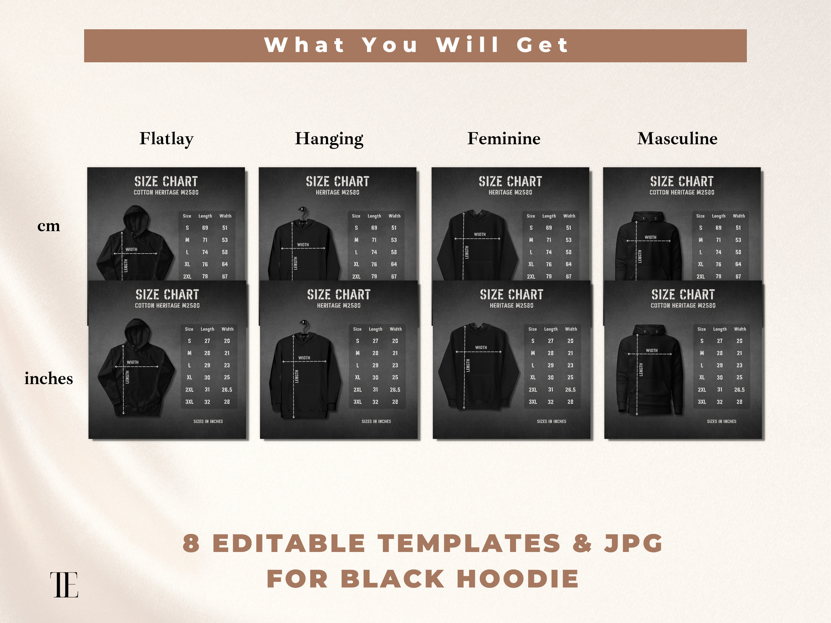 Cotton Heritage M2580 Size Chart Mockup, Unisex Premium Hoodie Size