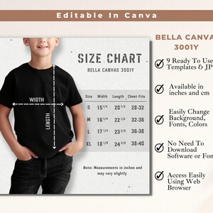Bella Canvas 3001Y Size Chart Youth Shirt Kids Size Chart T-Shirt Measurements BC3001Y Size Guide Mockup Black Tshirt