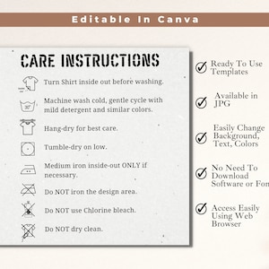 Instructions d'entretien de la chemise et instructions de lavage Carte d'entretien pour Bella Canvas 3001, Gildan 18000, Gildan 5000, Gildan 18500, Etsy Shop Mockup
