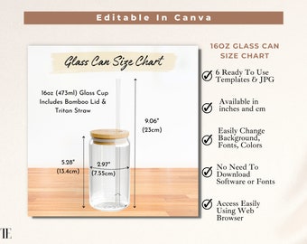 16oz Sipper Glass Size Chart, Glass Can Mockup, Libbey Glass Mockup, Libby Glass Mockup, Soda Can Glass Tumbler Printify Size Chart Editable