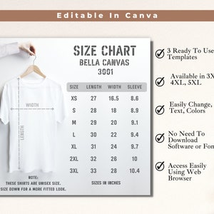 Tabla de tallas de Bella Canvas 3001, maqueta de camiseta blanca minimalista con longitud de manga, guía de tallas de camiseta unisex, plantilla de Canva editable