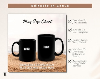 Black Ceramic Mug Size Chart for 11oz and 15 oz Mugs About This Mug Listing Info Cards Coffee Mug Size Guide for POD, Printify Size Chart