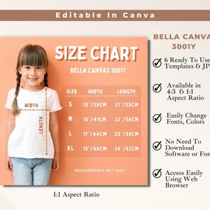 Bella Canvas 3001Y Size Chart Youth Unisex Tshirt Editable Template for Kids Tshirt Measurements Size Guide with Pastel Orange Background