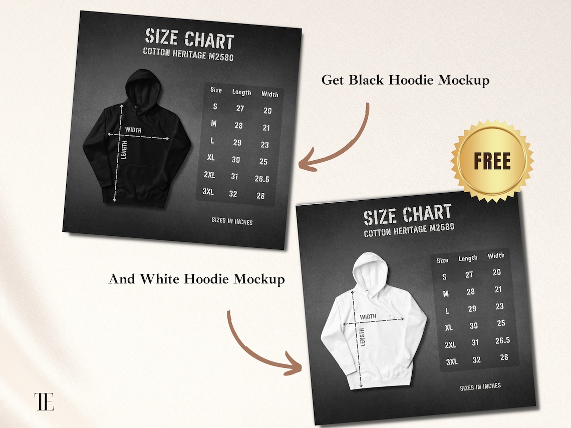 Cotton Heritage M2580 Size Chart Mockup, Unisex Premium Hoodie Size