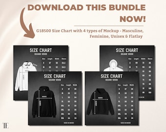 May include: Four size charts for Gildan 18500 hoodies, showing measurements in inches for sizes S through 5XL. The charts are displayed on a black background with white text. The charts include measurements for length, width, and sleeve length.
