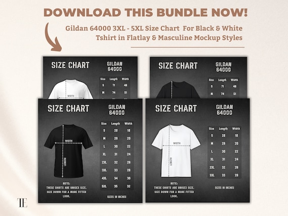 Gildan 64000 Size Chart 3XL-5XL Black White T-shirt Mockup Unisex