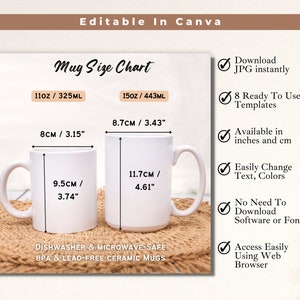 White Mug Size Chart, Coffee Mug Mockup Boho Style, 110z and 15oz Mug, Done For You, Download as JPG, Editable Template