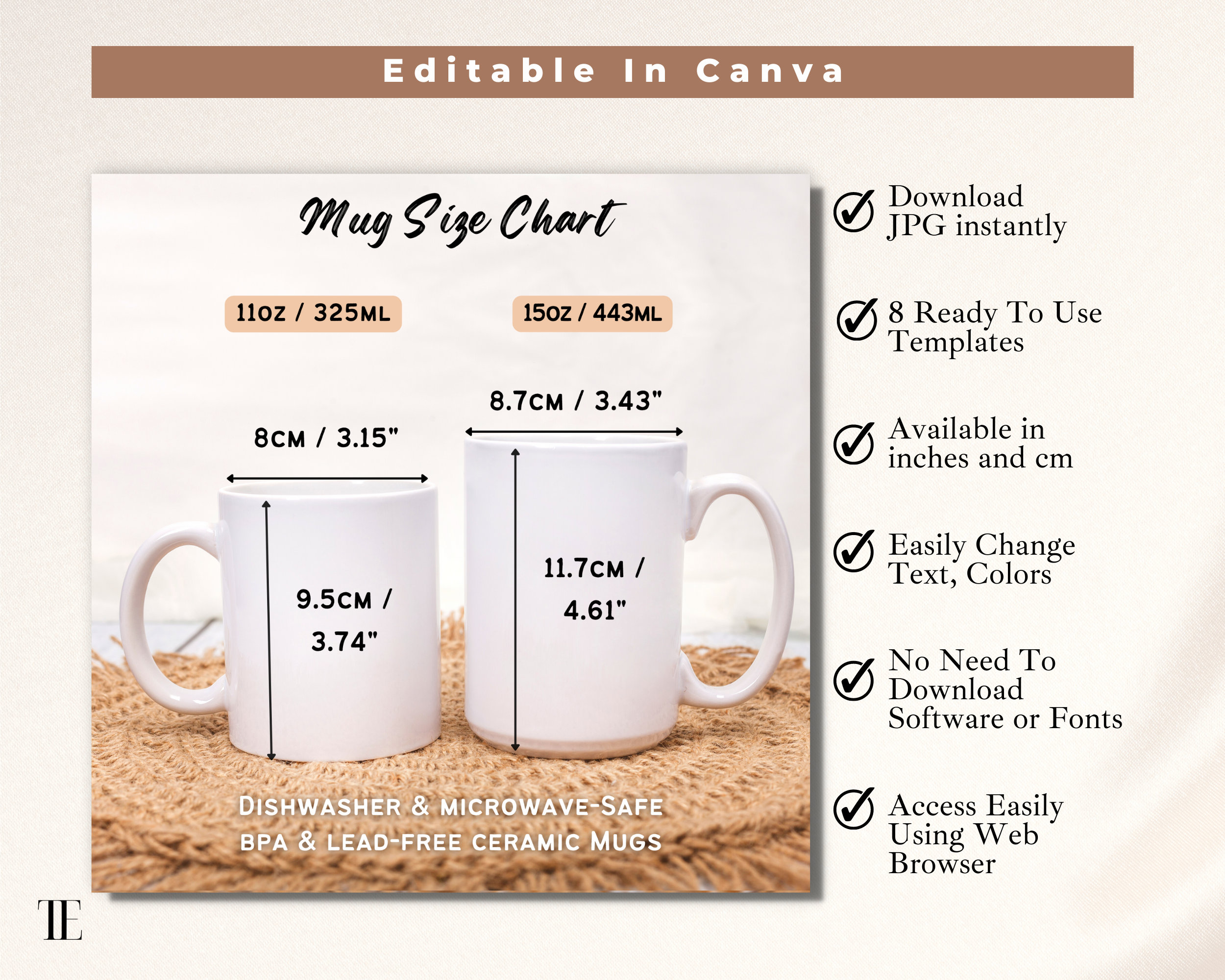 Minimalist Mug Size Chart, Coffee Mug Mockup , 11oz and 15oz White Mug,  Done for You, Download as JPG, Editable Template, Inches and Cm 