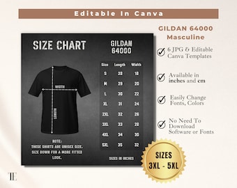 Gildan 64000 Size Chart Masculine Mockup Black T-shirt Unisex Softstyle Tee G640 Size Chart POD Tshirt Sizing Measurements in inches and cm