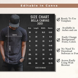 Tabla de tallas de Bella Canvas 3001, tabla de tallas de camiseta de maqueta de modelo masculino, plantilla editable, hecho para usted, fondo sólido oscuro