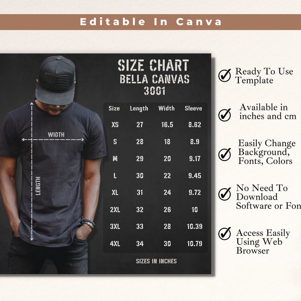 Bella Canvas 3001 Size Chart, Male model mockup T shirt size chart, Editable Template, Done For you, Dark Solid Background