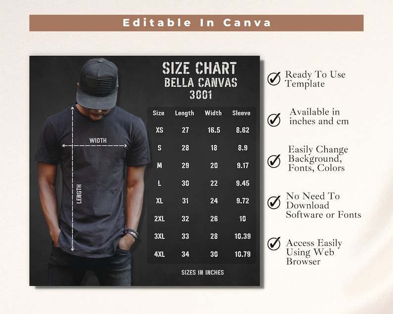 May include: A size chart for Bella Canvas 3001 t-shirts. The chart shows the measurements in inches for XS, S, M, L, XL, 2XL, 3XL, and 4XL sizes. The measurements include length, width, and sleeve length.