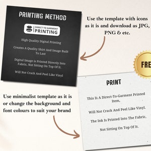 May include: A black and white graphic with text that reads "Printing Method" and "Direct to Garment Printing". The graphic explains that the printing method is high quality digital printing, creates a quality shirt and image built to last, and the digital image is printed directly into the fabric, not sitting on top of it. The graphic also states that the printing will not crack and peel like vinyl. The graphic also includes a free download option.