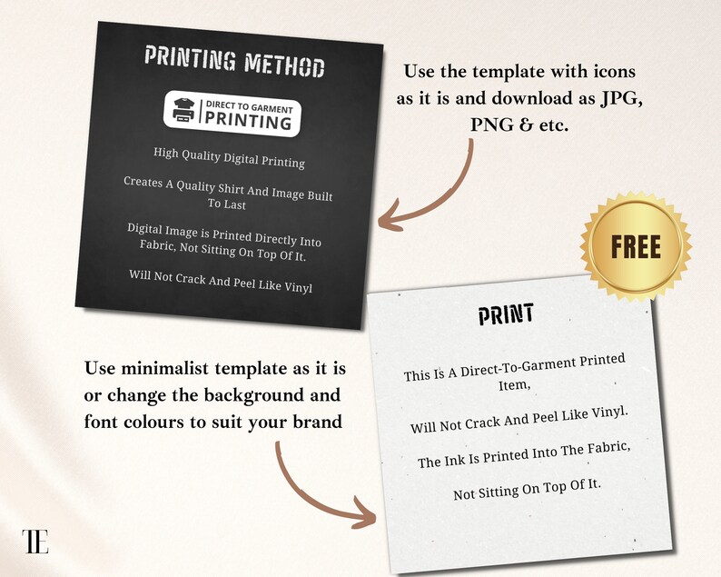May include: A black and white graphic with text that reads "Printing Method" and "Direct to Garment Printing". The graphic explains that the printing method is high quality digital printing, creates a quality shirt and image built to last, and the digital image is printed directly into the fabric, not sitting on top of it. The graphic also states that the printing will not crack and peel like vinyl. The graphic also includes a free download option.