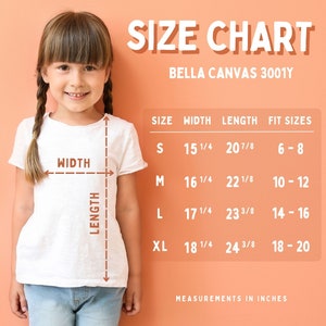 Tabla de tallas para niños Bella Canvas 3001Y modelo de camiseta juvenil para niña Guía de tallas para la tienda de Etsy, vendedores POD del sitio web de comercio electrónico, formato cuadrado y rectangular