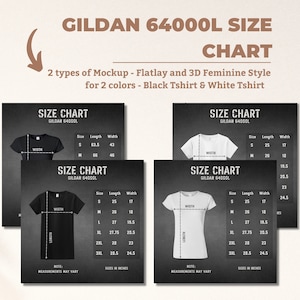 Gildan 64000L Size Chart, Women Softstyle Tee Measurements, G640L Black White Tshirt Mockup Bundle, Print on Demand Listing, Inches and cm