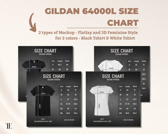 Gildan 64000L Size Chart, Women Softstyle Tee Measurements, G640L Black White Tshirt Mockup Bundle, Print on Demand Listing, Inches and cm