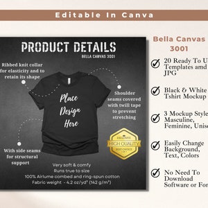 Maqueta Bella Canvas 3001 Paquete de camiseta negra y camiseta blanca, características clave de la camiseta, plantilla editable de la tienda de Etsy Fondo oscuro y claro