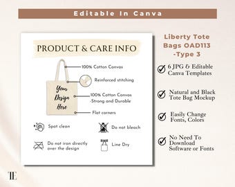 Liberty OAD113 Tote Bag Product Details Care Instructions Printify Tote Bag Mockup, Liberty Tote Mockup Boho Tote Bag Washing Info Etsy Shop