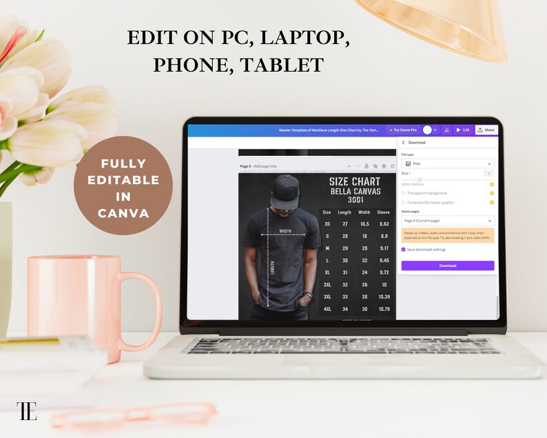May include: A laptop computer screen displaying a size chart for Bella Canvas 3001 t-shirts. The chart shows measurements in inches for length, width, and sleeves. The text "EDIT ON PC, LAPTOP, PHONE, TABLET" is displayed above the laptop. The text "FULLY EDITABLE IN CANVA" is displayed on the left side of the image.