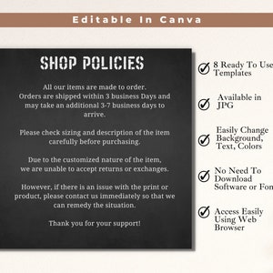 Política de tienda de plantillas de listado de Etsy para Bella Canvas, paquete de maquetas de tienda de camisetas, fondo sólido oscuro, descargar como JPG, plantilla editable