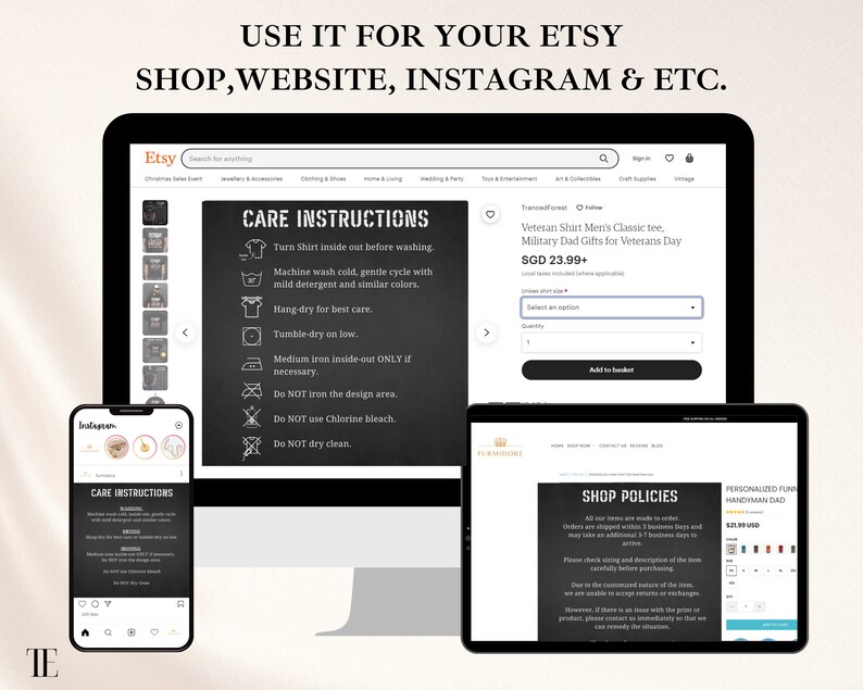 Etsy Listing Template Shop Policy for Bella Canvas, T Shirt Shop Mockup