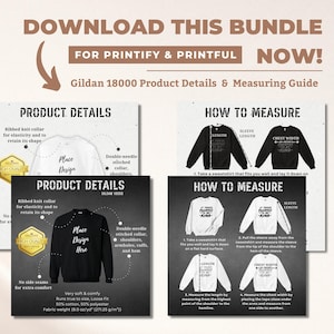 Gildan 18000 Mockup Bundle Product Details, Key Features, Size Guide for Black and White Sweatshirt, Gildan Shirt JPG,Editable template