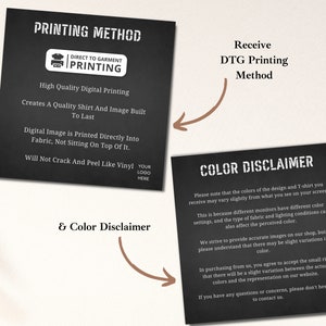 May include: Black and white graphic with text explaining the direct to garment printing method. The text reads "Direct to Garment Printing", "High Quality Digital Printing", "Creates a Quality Shirt and Image Built to Last", "Digital Image is Printed Directly Into Fabric, Not Sitting on Top of It", "Will Not Crack and Peel Like Vinyl". The graphic also includes a color disclaimer with text explaining that the colors of the design and T-shirt may vary slightly from what you see on your screen.