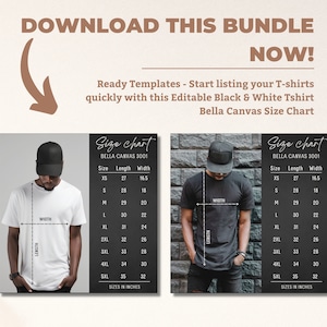 Bella Canvas 3001 Size Chart, Male model mockup black and white T shirt size chart, printful and printify size chart