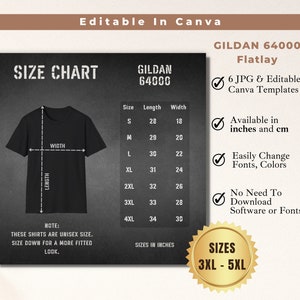 Gildan 64000 Size Chart Flatlay Mockup Black T-shirt Unisex Softstyle ...
