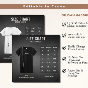 Gildan 64000L Size Chart, Flatlay Mockup for Black White Tshirt, Women Softstyle Tee, Etsy shop listing, imperial and metric measurements