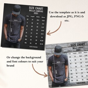 May include: A size chart for Bella Canvas 3001 t-shirts, showing measurements in inches for different sizes, including XS, S, M, L, XL, 2XL, 3XL, and 4XL. The chart includes measurements for length, width, and sleeve length.