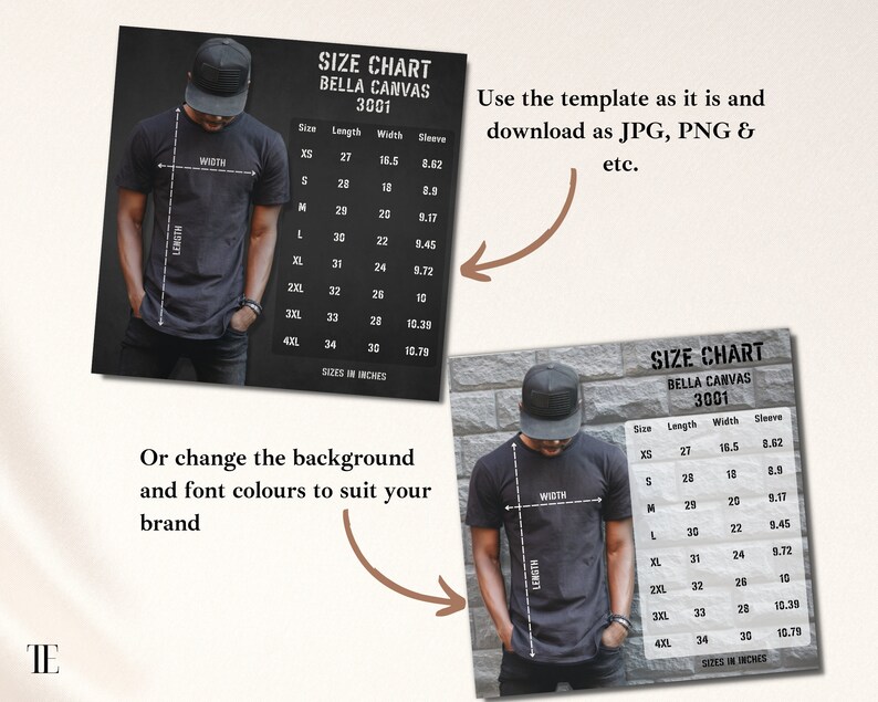 May include: A size chart for Bella Canvas 3001 t-shirts, showing measurements in inches for different sizes, including XS, S, M, L, XL, 2XL, 3XL, and 4XL. The chart includes measurements for length, width, and sleeve length.