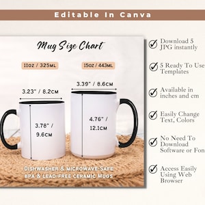 Black Two Tone Coffee Mug Size Chart Boho Black Handle Mug Size Chart, Coffee Mug Mockup 11oz and 15oz Accent Black 2 Tone Printify Size