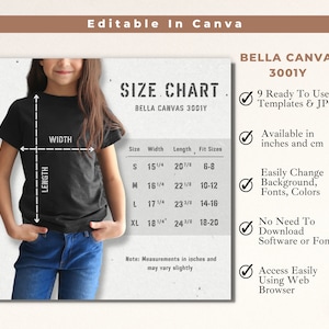 Bella Canvas 3001Y Size Chart Canva Template Kids T-Shirt Size Guide Instant Download DIY Shirt Sizing Reference for Business Owners