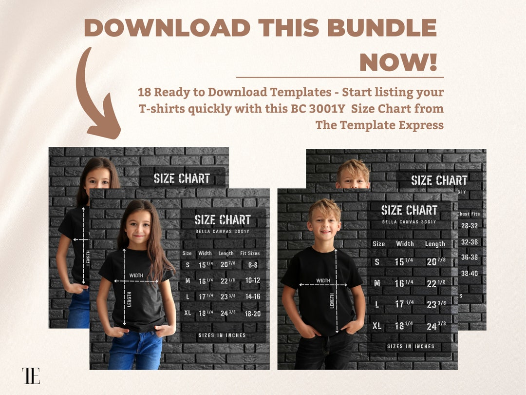 Kids Size Chart, Bella Canvas 3001Y Youth Tee Size Guide, Boys and