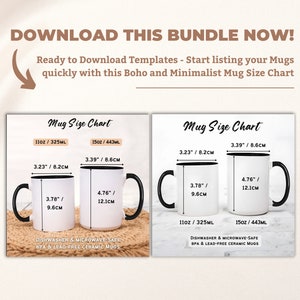 Black 2 Tone Mug Size Mockup Bundle, Coffee Mug Size Chart 11oz and 15oz Accent Black Handle Coffee Cup Sizing Guide JPG and Editable Canva