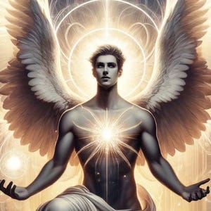 Könnte beinhalten: Ein digitales Gemälde eines Engels mit großen weißen Flügeln. Der Engel sitzt mit gekreuzten Beinen und hat ein leuchtendes Licht, das aus seiner Brust strahlt.