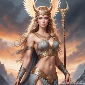 May include: A woman with long blonde hair wearing a gold and silver breastplate and a horned helmet with wings. She is holding a staff with a crescent moon top. The background is a cloudy sky with a sunset.