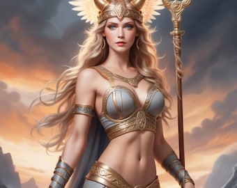 May include: A woman with long blonde hair wearing a gold and silver breastplate and a horned helmet with wings. She is holding a staff with a crescent moon top. The background is a cloudy sky with a sunset.