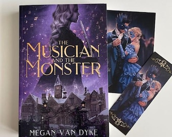 May include: A book cover and two matching prints. The book cover features a woman with a flute, the title "The Musician and the Monster," and a gothic mansion. The prints depict masked figures in formal attire, in shades of blue and black.