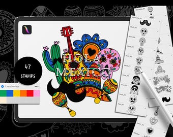 Procreate Cinco de Mayo Stamp Set – 47 Mexican Brushes – Día de los Muertos Sugar Skulls – Fiesta Procreate Brush Pack