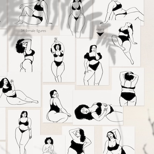 Curvy Female Body Line Art | 34 Plus-Size Woman Figures | EPS, SVG, PNG | Minimalist Feminine Clipart | Body Positivity Illustrations