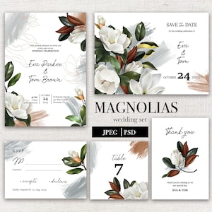 Magnolia Floral Wedding Invitations Set Template, Printable Invites, Home Printing, Simple Wedding Invitation Card Set, JPEG, PSD