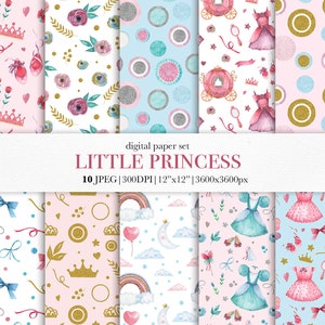 Aquarel Princess Dreams Paper pack, set van 10 naadloze patronen met roze en blauwe prinsessenjurken, kronen, strik, prinses verjaardagsfeestje